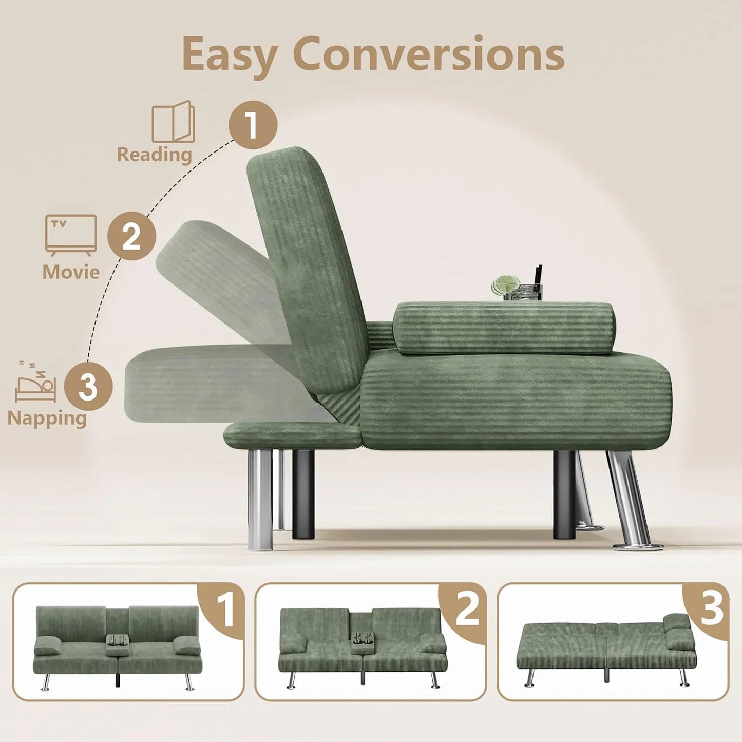 Flamaker Futon Sofa Bed Modern Folding Futon Set Convertible Recliner Lounge for Living Room with 2 Cup Holders, Removable Armrests (PU Leather, Black)