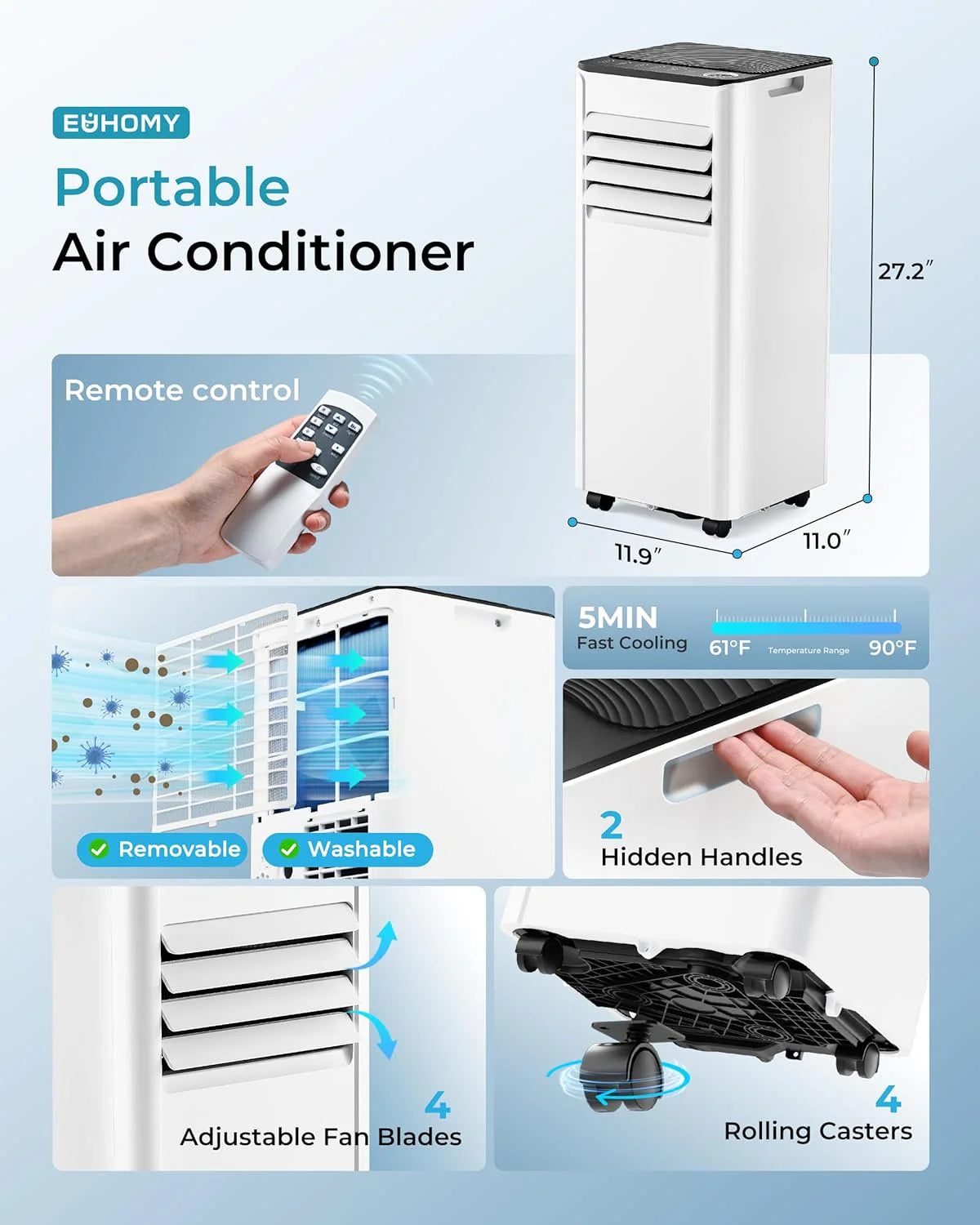EUHOMY 8,000 BTU Portable Air Conditioners, 4-in-1 Portable AC Unit Up to 350 Sq.Ft, 4 Modes Quiet Air Conditioner with Remote Control, Cool, Fan, Dehumidifier, 24H Timer, Bedroom, Office, Apartments