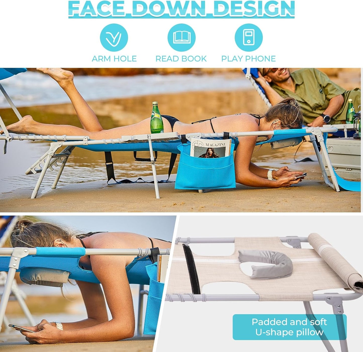 2 Pack Outdoor Chaise Lounge Chair - Portable Folding Patio Pool Lounge Chair, 5 Positions Adjustable Reclining Camping Chair with Side Table,Shoulder Strap, Pillow for Beach Sunbathing Lawn