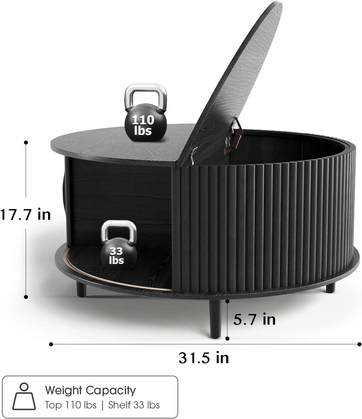 Round Coffee Table with Storage,Fluted Center Table with Sliding Cabinet Door for Living Room,Home Small Space,31.5" Small Center Table,Walnut