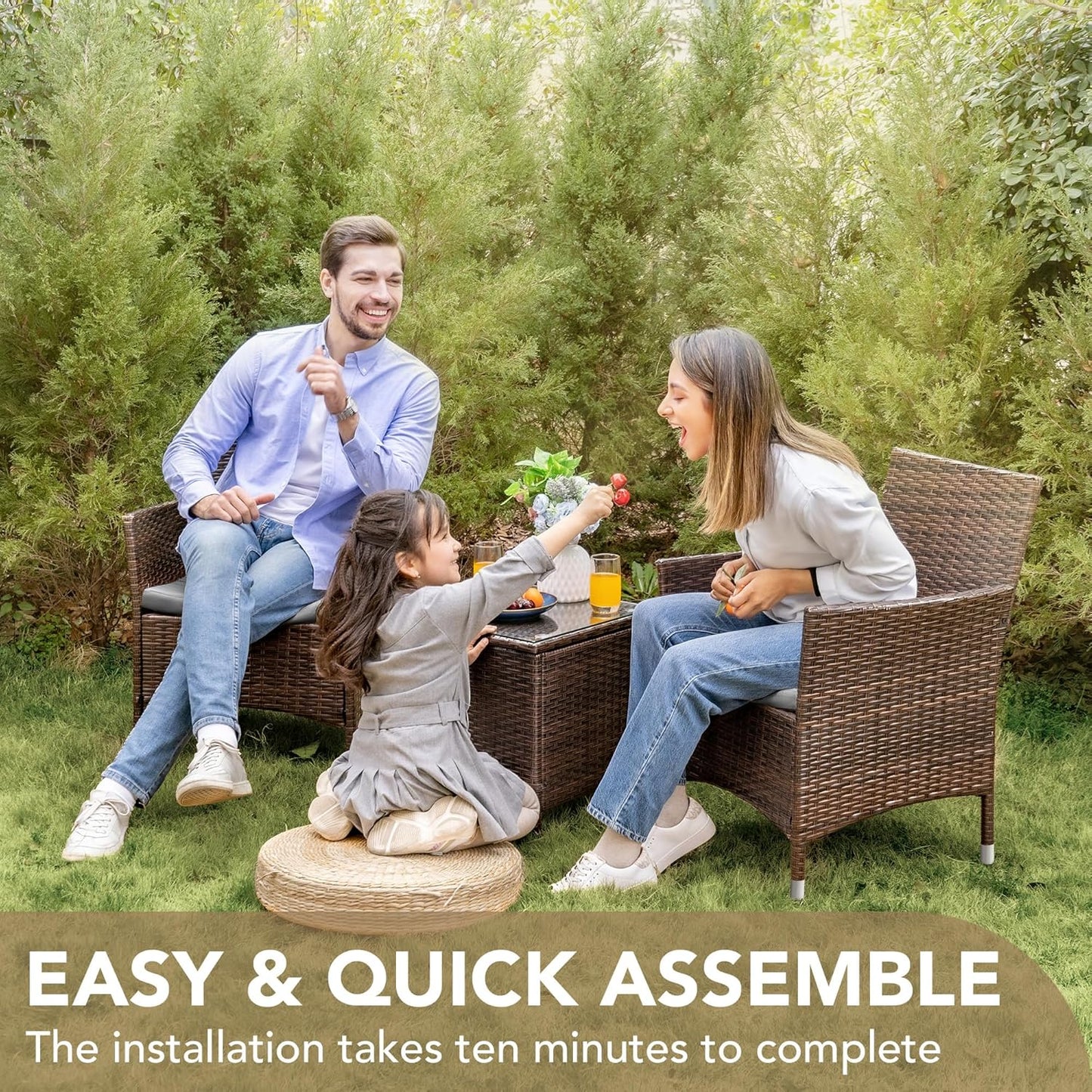 Devoko Patio Porch Furniture Sets 3 Pieces PE Rattan Wicker Chairs with Table Outdoor Garden Furniture Sets (Brown/Beige)