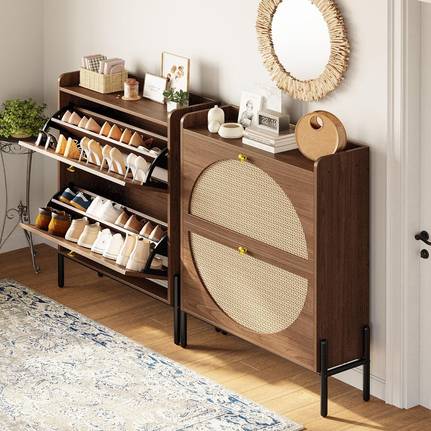 IRONCK Shoe Cabinet Storage with 2 Flip Drawers, Free Standing Wooden Shoe Storage Organizer Cabinet with Rattan Doors for Entryway, Narrow Shoe Rack Cabinet, Oak