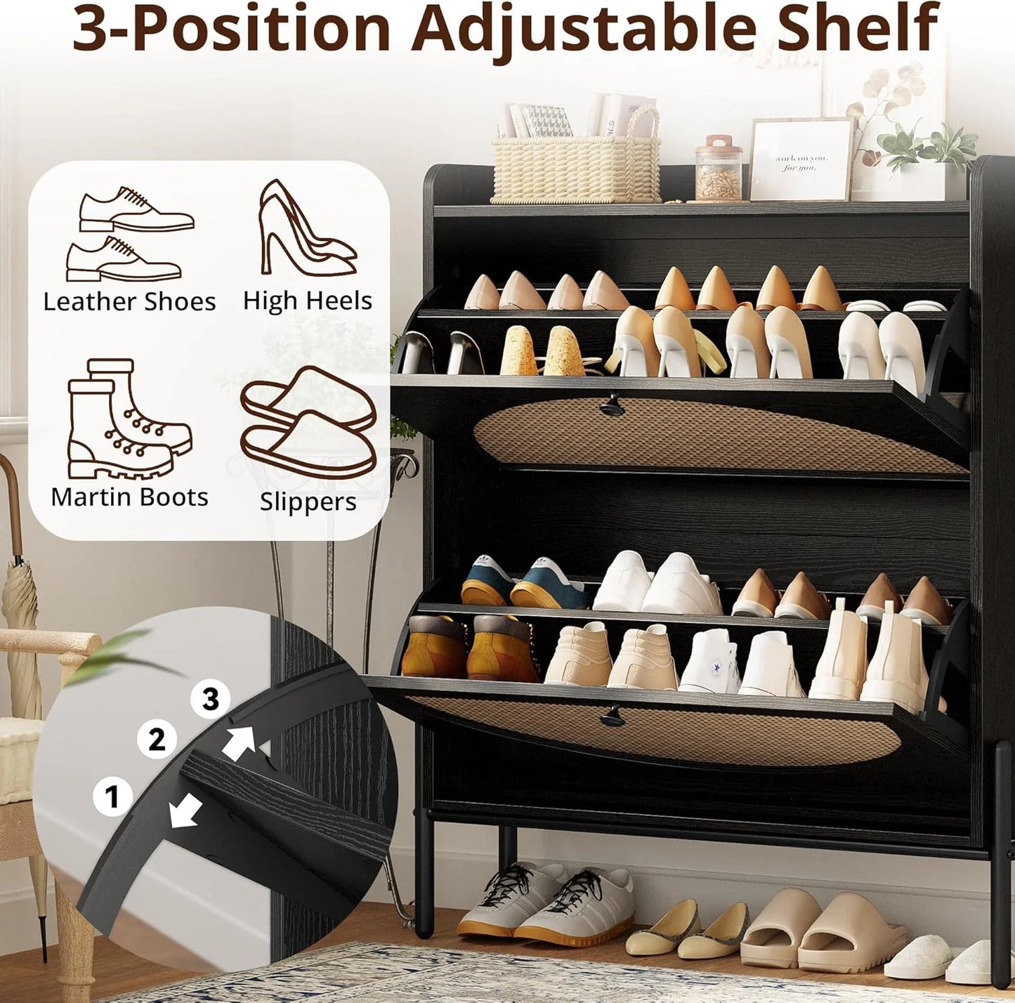 IRONCK Shoe Cabinet Storage with 2 Flip Drawers, Free Standing Wooden Shoe Storage Organizer Cabinet with Rattan Doors for Entryway, Narrow Shoe Rack Cabinet, Oak