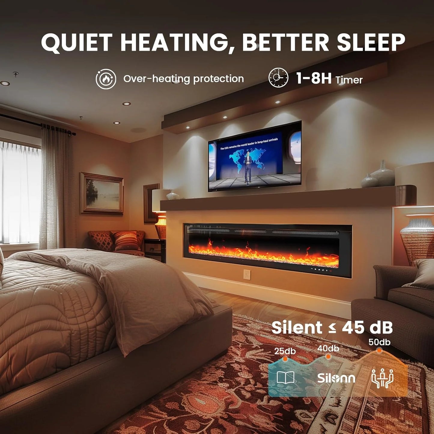 50" Smart Electric Fireplace 5300 BTU Heat Output, Ultra-Slim Wall-Mount or Built-In Electric Fireplace