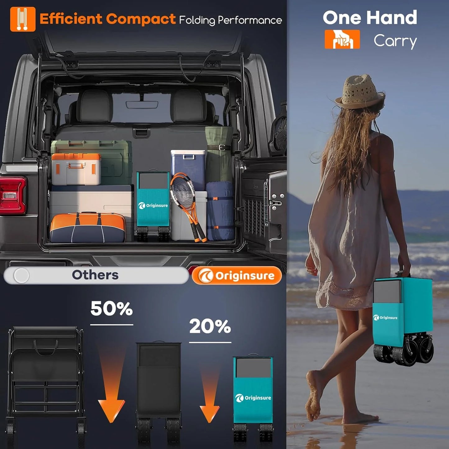 38" long foldable four-wheel stroller, foldable, 460 lb capacity, 220 liter heavy-duty folding beach stroller with large all-terrain tires