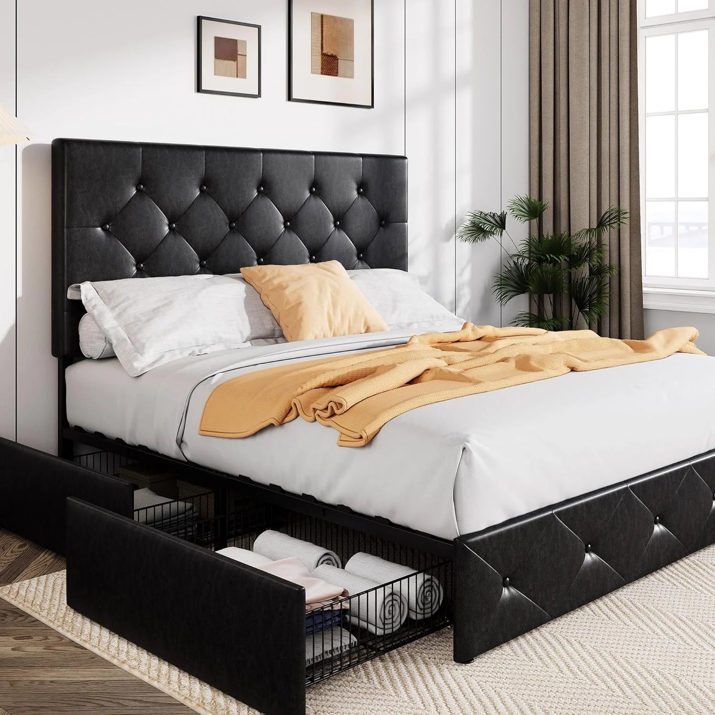Allewie Upholstered Queen Size Platform Bed Frame with 4 Storage Drawers and Headboard, Square Stitched Button Tufted, Mattress Foundation with Wooden Slats Support, No Box Spring Needed