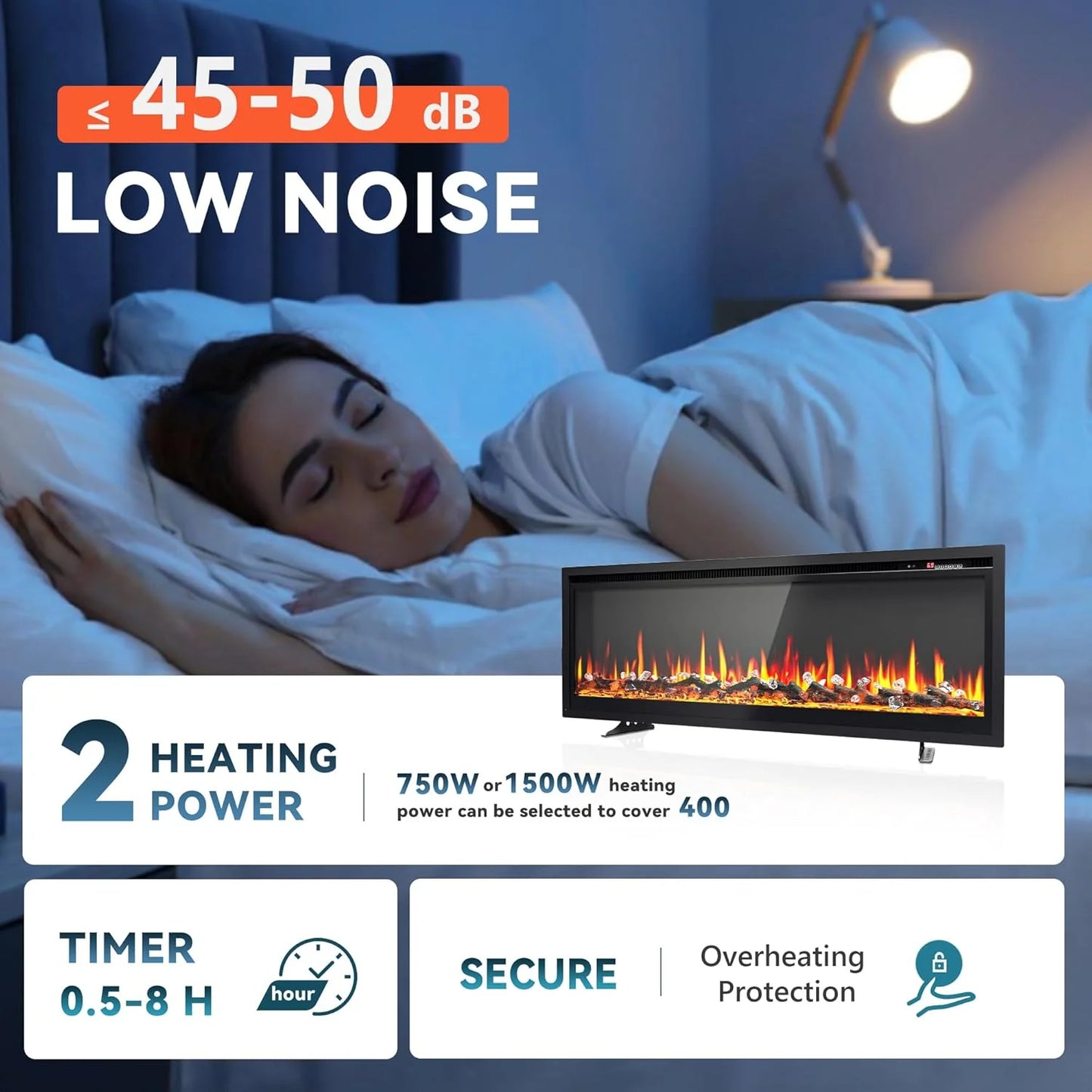 EUHOMY 50 Inch Electric Fireplace Wall Recessed and Wall Mounted with Adjustable Flame Color, Fireplace Heater with Remote Control, Linear Fireplace with Timer, Touch Screen, Log & Crystal, 750/1500W