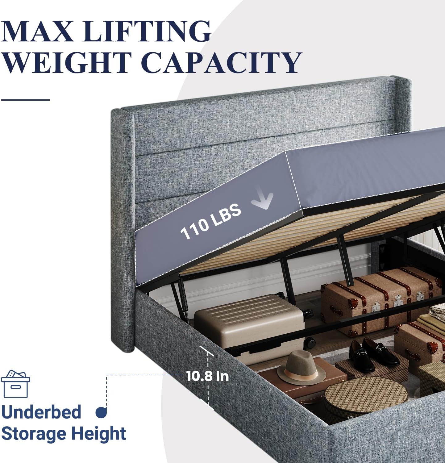 Allewie Queen Size Lift Up Storage Bed, Modern Wingback Headboard, Hydraulic Support, No Box Spring Needed, Light Beige