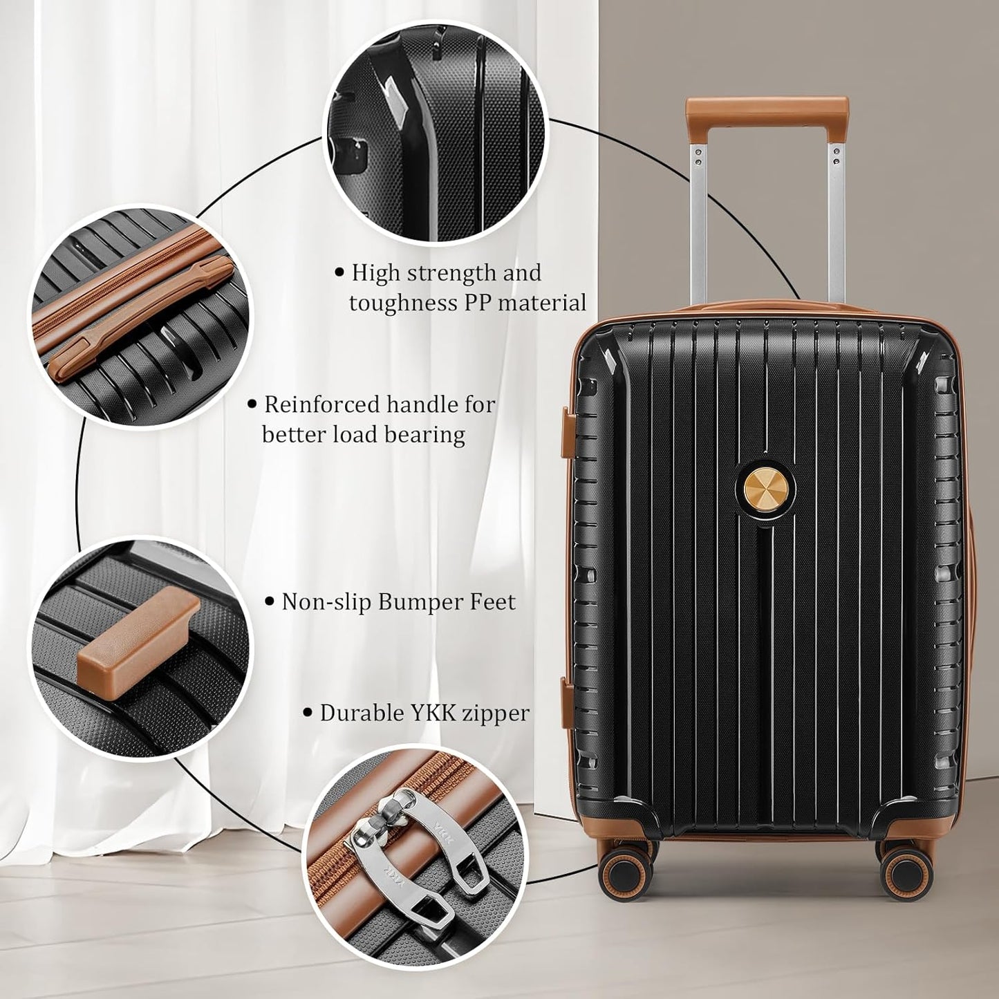 5-piece PP hardshell lightweight travel carry-on luggage set with dual spinner wheels and TSA lock