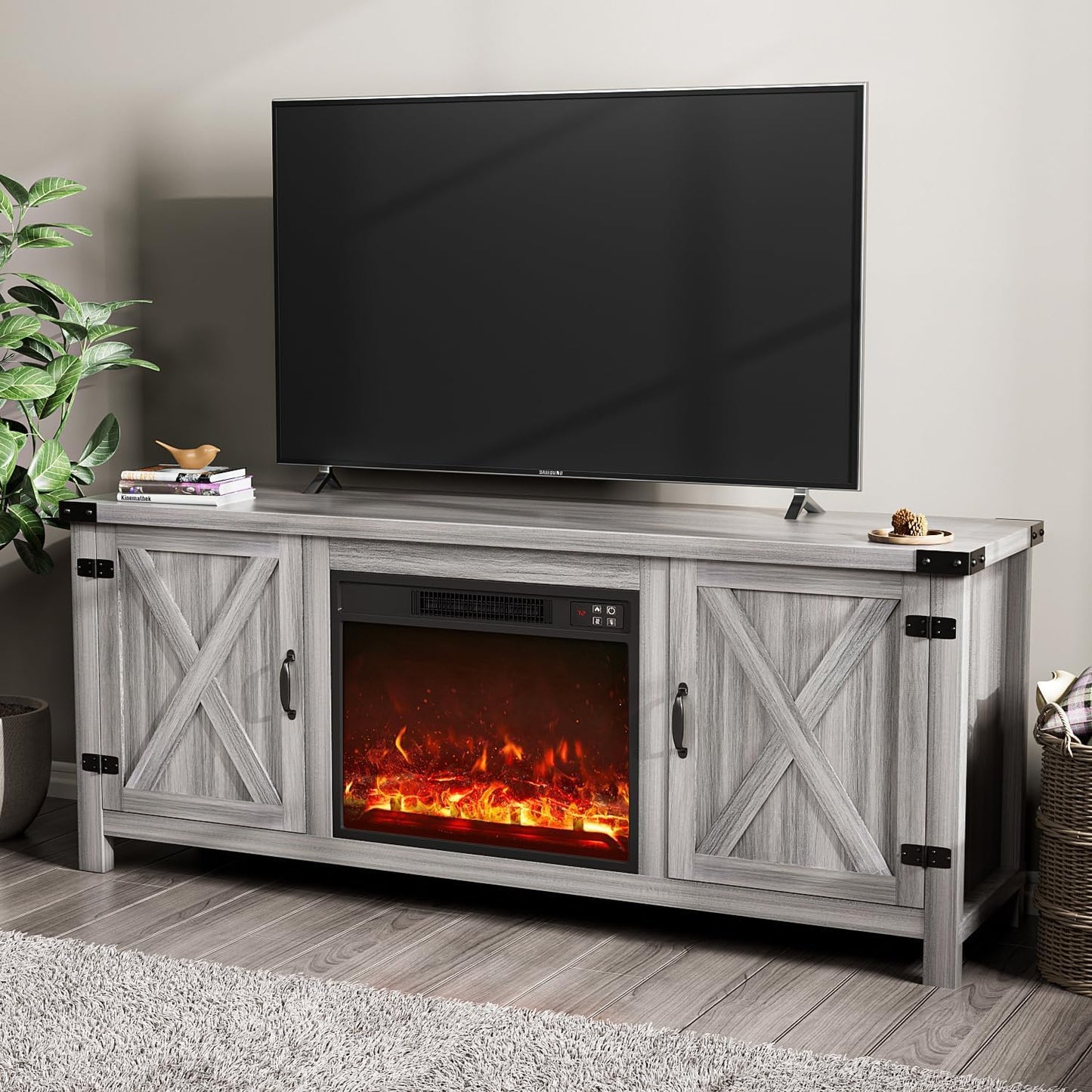 YESHOMY Fireplace TV Stand with Two Barn Doors and Storage Cabinets for Televisions up to 65+ Inch, Entertainment Center Console Table, Media Furniture for Living Room, 58 Inch
