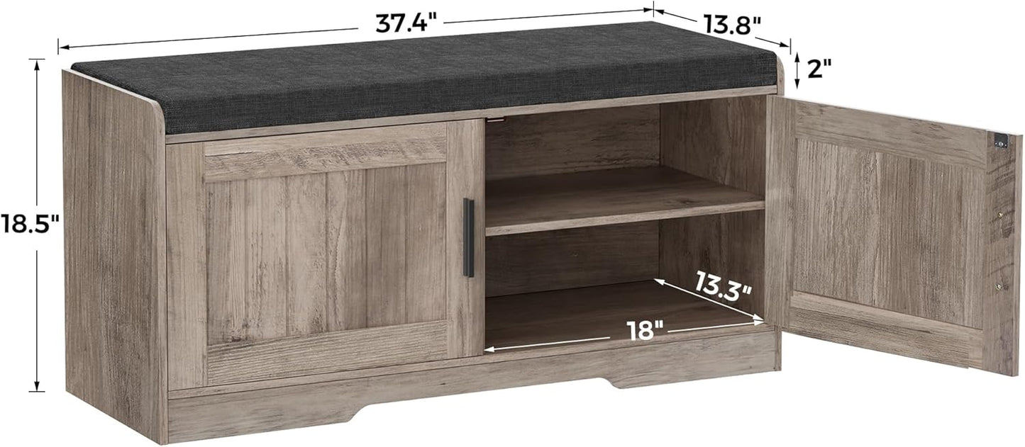 2-Tier Storage Bench, Shoe Bench with Thickened Padded Seat Cushion, Entryway Bench with 4 Doors, Adjustable Shelf