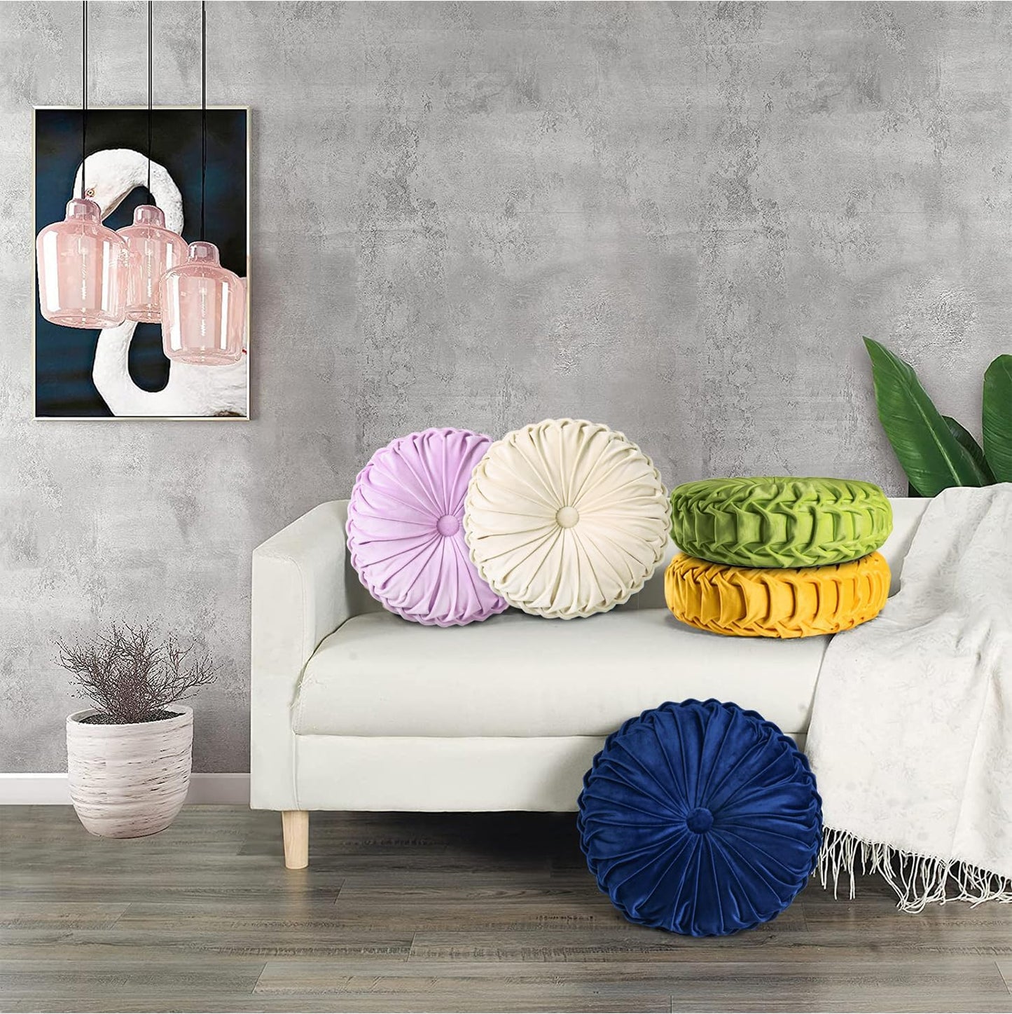 Set of 2 Decorative Round Pleated Throw Pillows