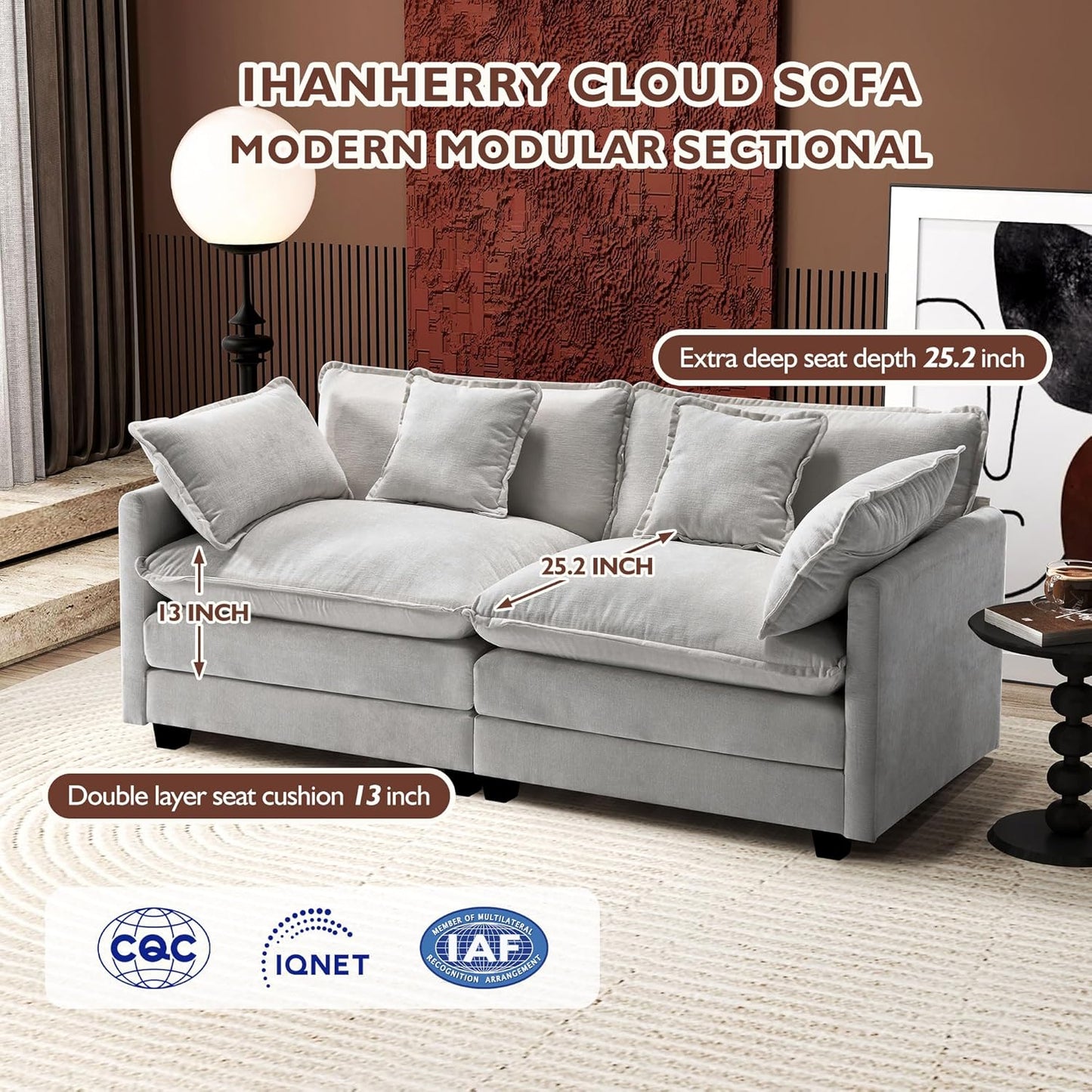 111.4 Inch L-Shaped Modern Sofa Modular Cloud Sofa with Ottoman, 4-Seater Chenille Deep Seat Sofa with Pillows for Living Room, Bedroom and Apartment, Beige