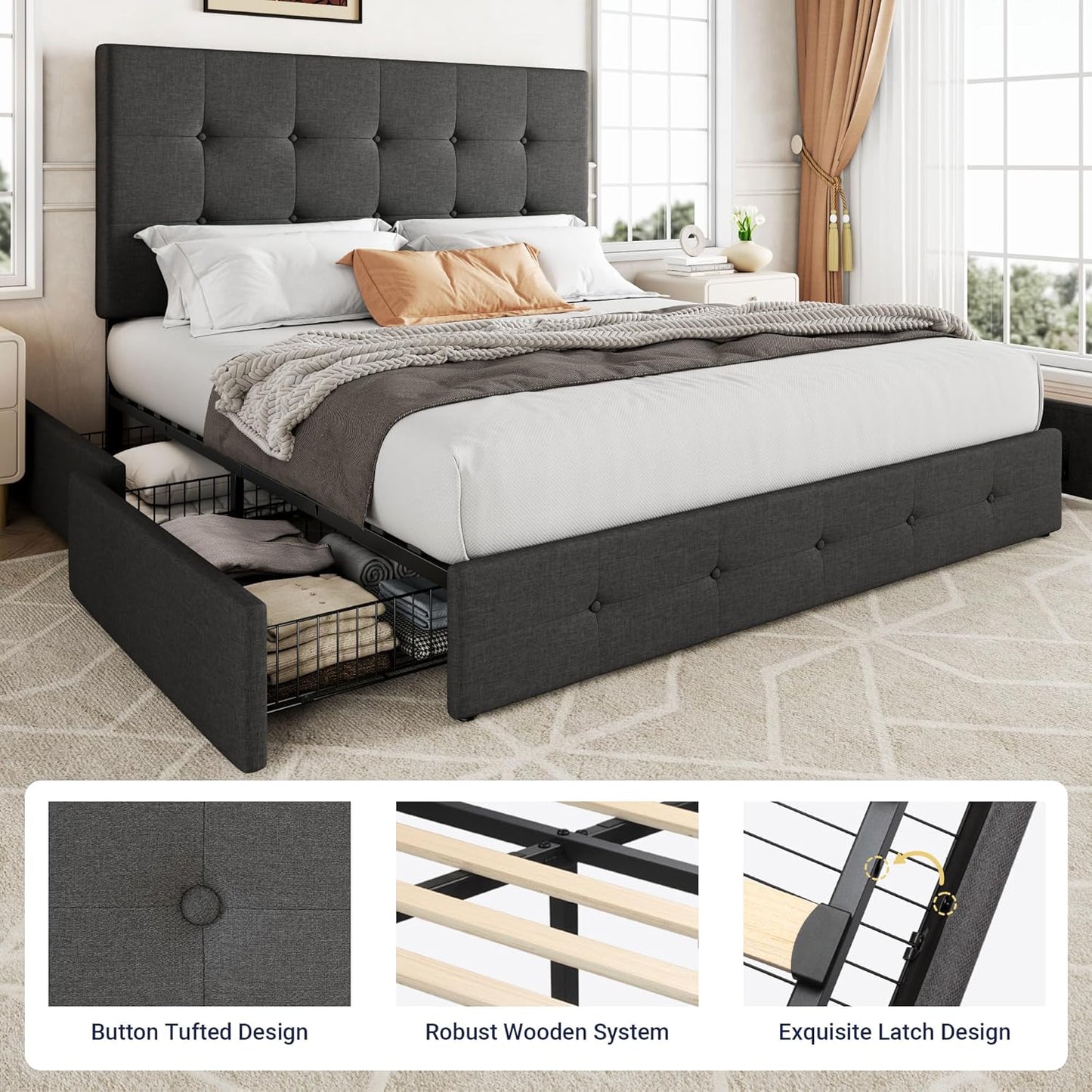 Allewie Upholstered Queen Size Platform Bed Frame with 4 Storage Drawers and Headboard, Square Stitched Button Tufted, Mattress Foundation with Wooden Slats Support, No Box Spring Needed