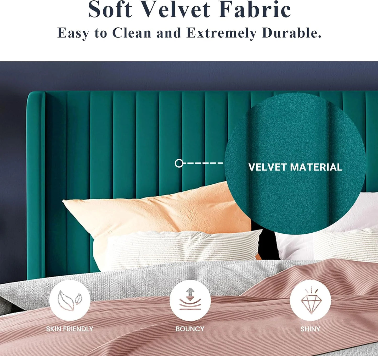 Allewie Full Size Velvet Bed Frame/Vertical Channel Tufted Wingback Headboard/Upholstered Platform Bed/Strong Wooden Slats/No Box Spring Needed/Easy Assembly/White