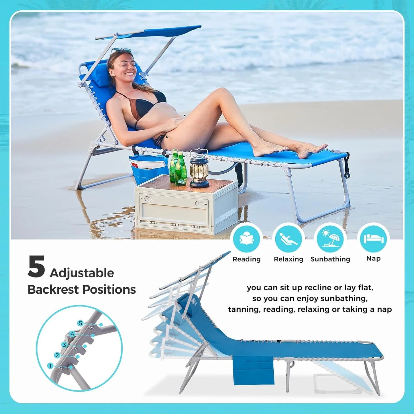 2 Pack Outdoor Chaise Lounge Chair - Portable Folding Patio Pool Lounge Chair, 5 Positions Adjustable Reclining Camping Chair with Side Table,Shoulder Strap, Pillow for Beach Sunbathing Lawn