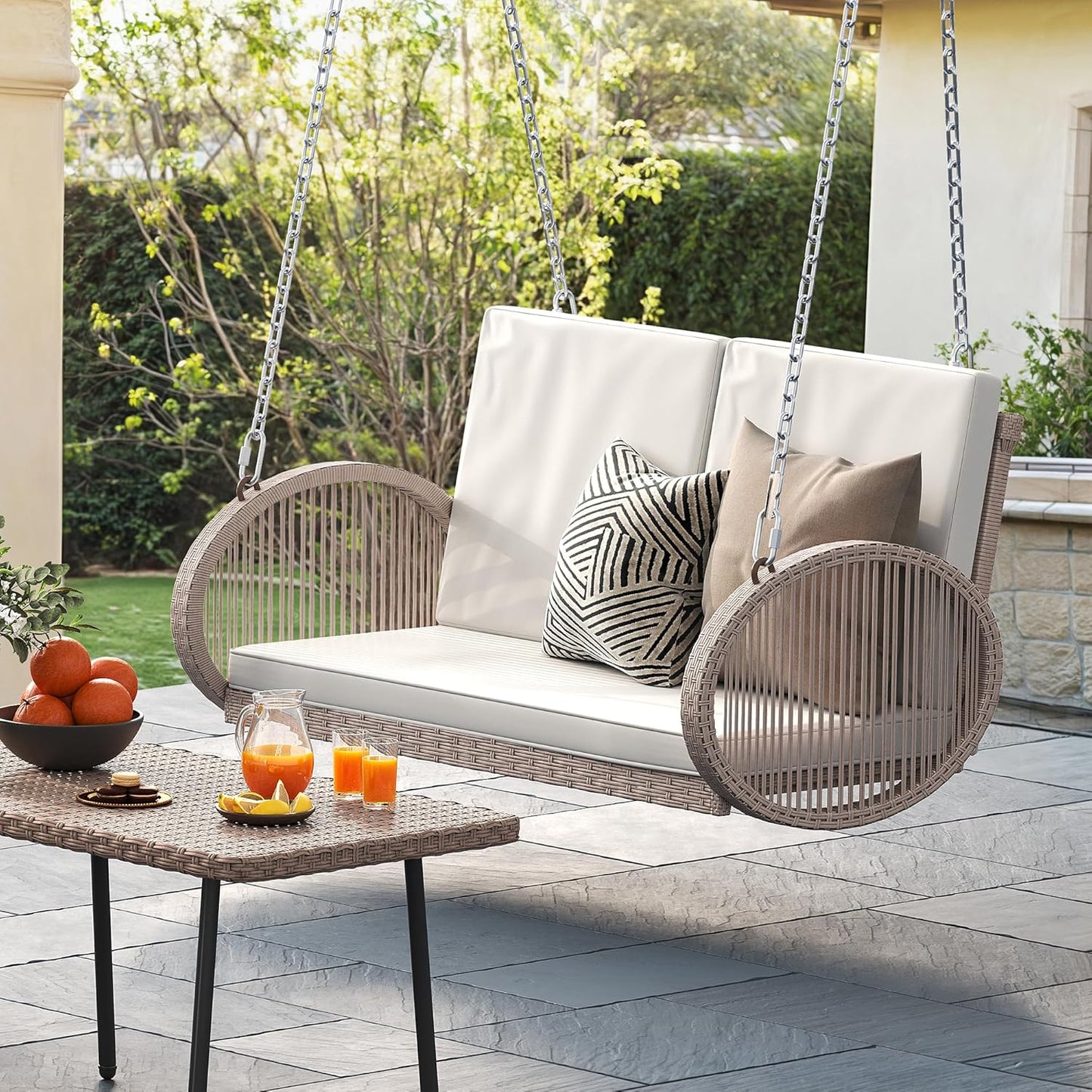 YITAHOME Hanging Porch Swing Chair Sits 3 People, Wicker Outdoor Swing Bench, Patio Lounge Chair, 1 Seating Cushion and 3 Back Cushions, w/Removable Covers, for Garden, Balcony, Backyard, Brown