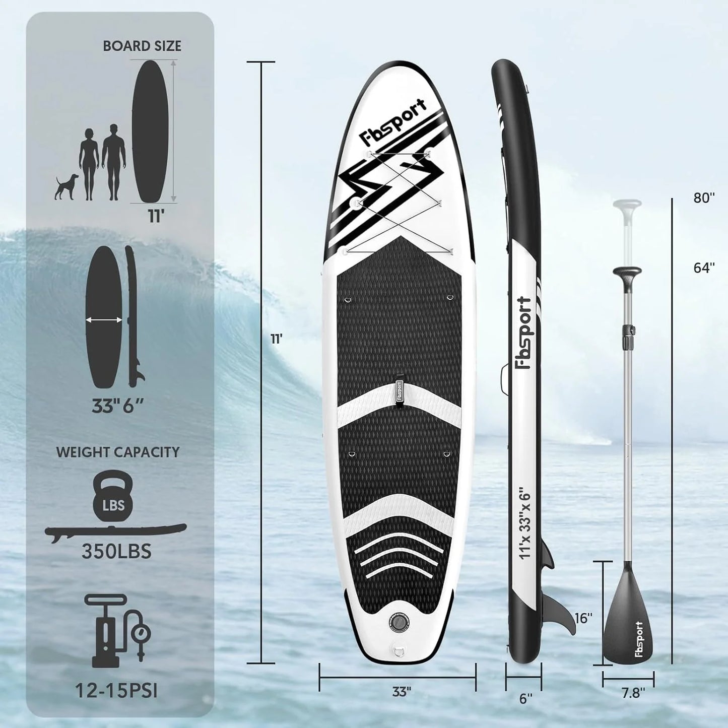 FBSPORT 11' Premium Stand Up Paddle Board, Yoga Board with Durable SUP Accessories & Carry Bag | Wide Stance, Surf Control, Non-Slip Deck, Leash, Paddle and Pump for Youth & Adult