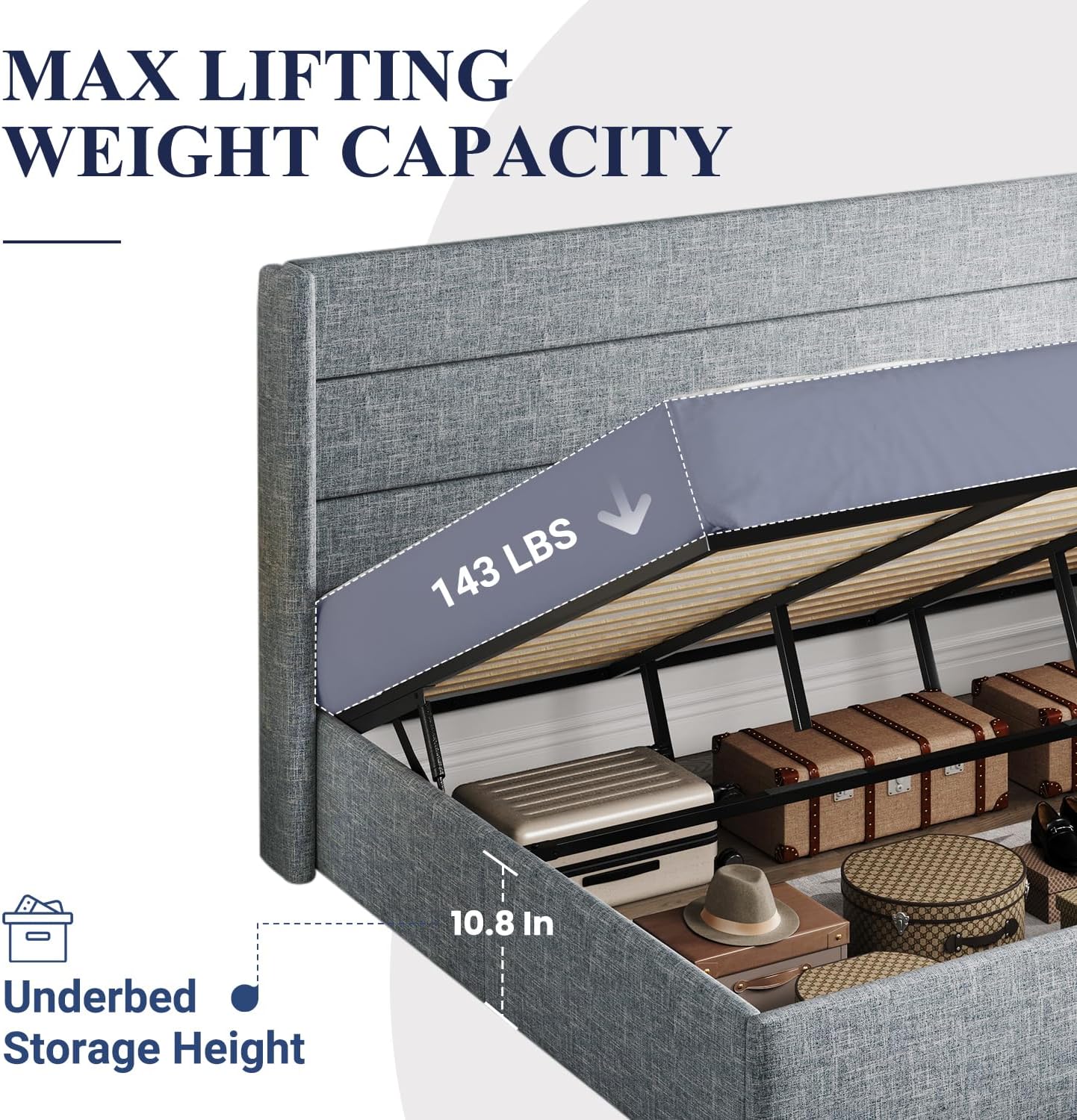 Allewie Queen Size Lift Up Storage Bed, Modern Wingback Headboard, Hydraulic Support, No Box Spring Needed, Light Beige