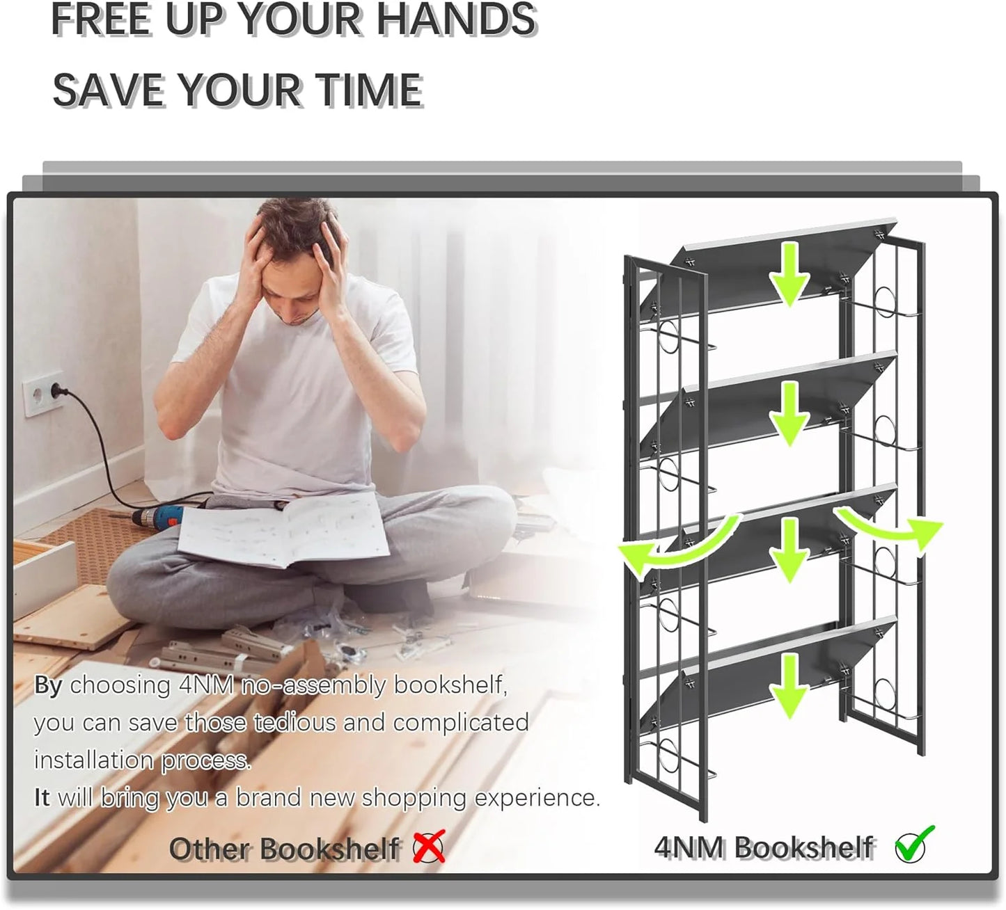 5 Tiers No Assembly Book Shelves 51.2" H Folding Bookshelf Bookcase