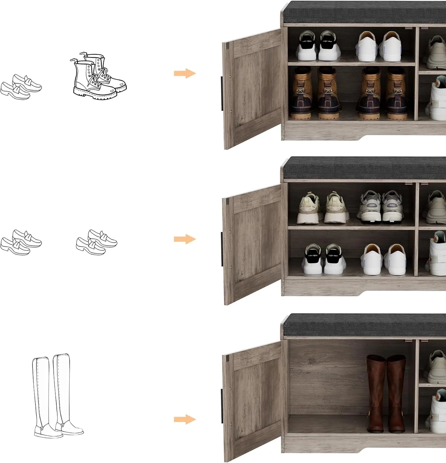 2-Tier Storage Bench, Shoe Bench with Thickened Padded Seat Cushion, Entryway Bench with 4 Doors, Adjustable Shelf