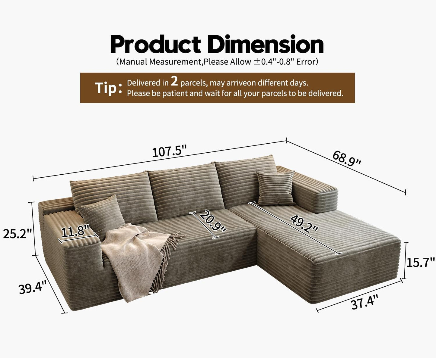 107.5" Cloud Modular Sectional Sofa Couch with L-Shape Chaise,Modern Minimalist Upholstered Couches