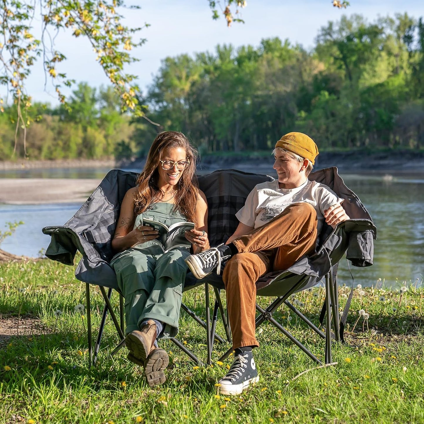 Camping Chair Upholstered Loveseat - Heavy Duty Extra Large Camping Sofa Portable Folding Sofa with Cup Holder and Carry Bag