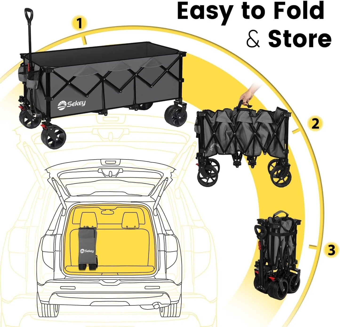 Sekey 48 Inch Long Foldable Extended Travel Cart, 440 Lbs Load Capacity, Heavy Duty 300 Liter Folding Multi-Purpose Garden Cart