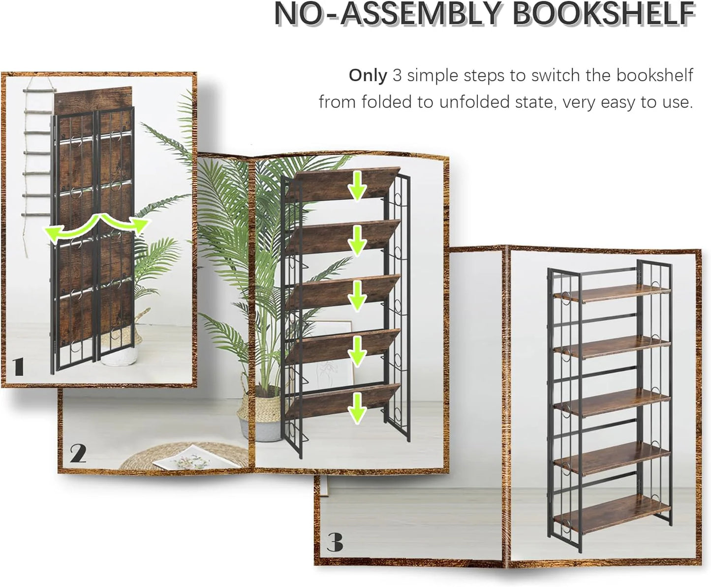 5 Tiers No Assembly Book Shelves 51.2" H Folding Bookshelf Bookcase