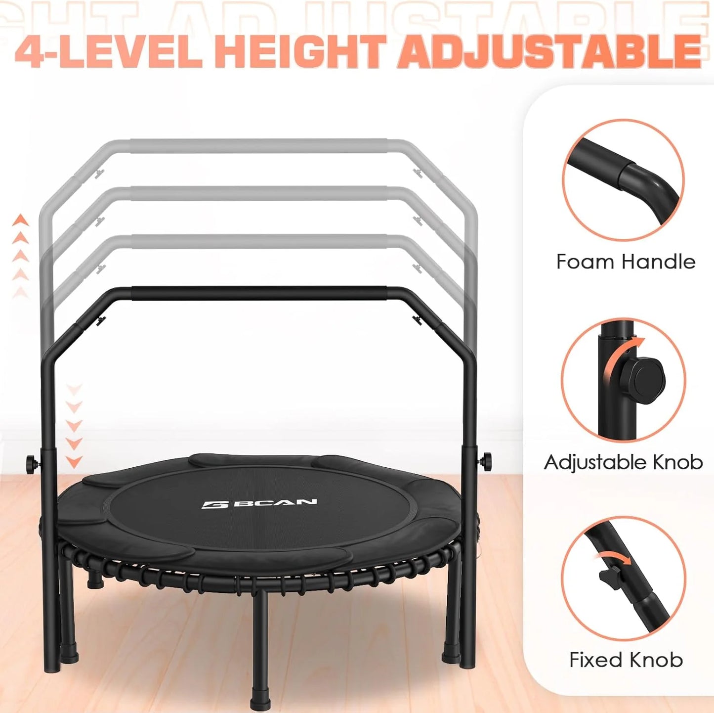 BCAN 450/550 LBS Foldable Mini Trampoline, 40"/48" Fitness Trampoline with Bungees, U Shape Adjustable Foam Handle, Stable & Quiet Exercise Rebounder for Adults Indoor/Outdoor Workout