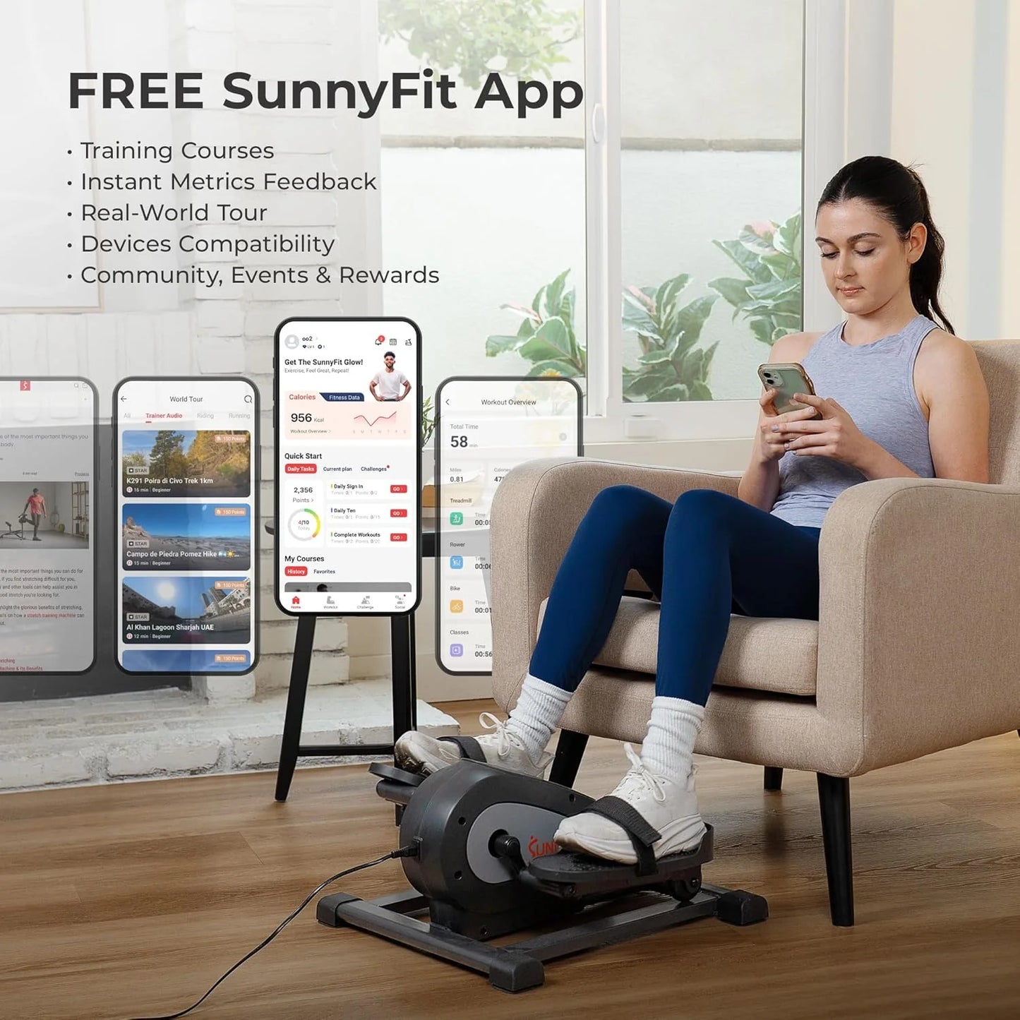 Sunny Health & Fitness Smart Mini Elliptical Trainer, Indoor Under-Desk Pedal Exerciser for Seniors’ Mobility & Cardio Workout, Free SunnyFit App Bluetooth Link, Optional Motorized w/Remote Control