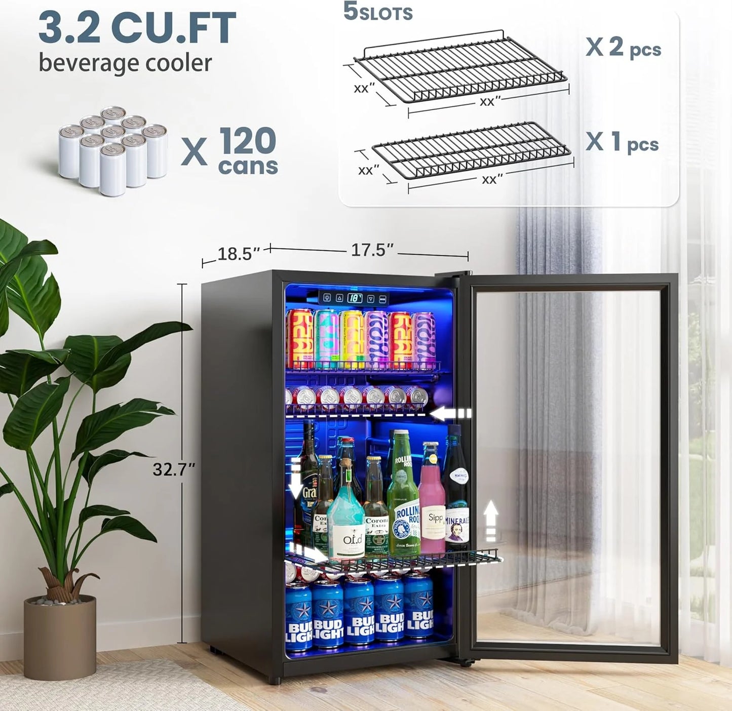 Beverage Refrigerator Cooler-120 Cans Freestanding Mini Fridge Cooler with Glass Door, Adjustable Shelves & Digital Temperature Display for Soda, Wine or Beer (Black, 3.2 Cu.Ft)