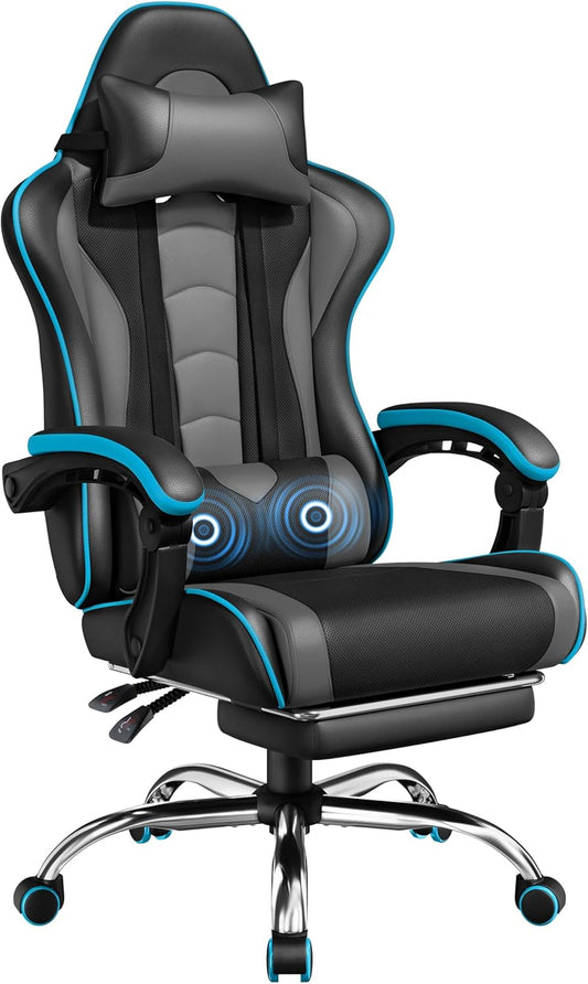 Gaming Chair with Massage Lumbar Support and Footrest Height Office Gaming Chair