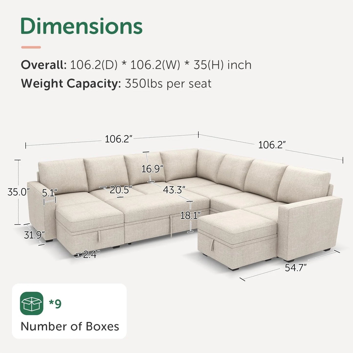 HONBAY Modular Sectional Sleeper Sofa with Pull Out Bed, L Shaped Couch with Storage Seat, Convertible Sectional Couches for Living Room