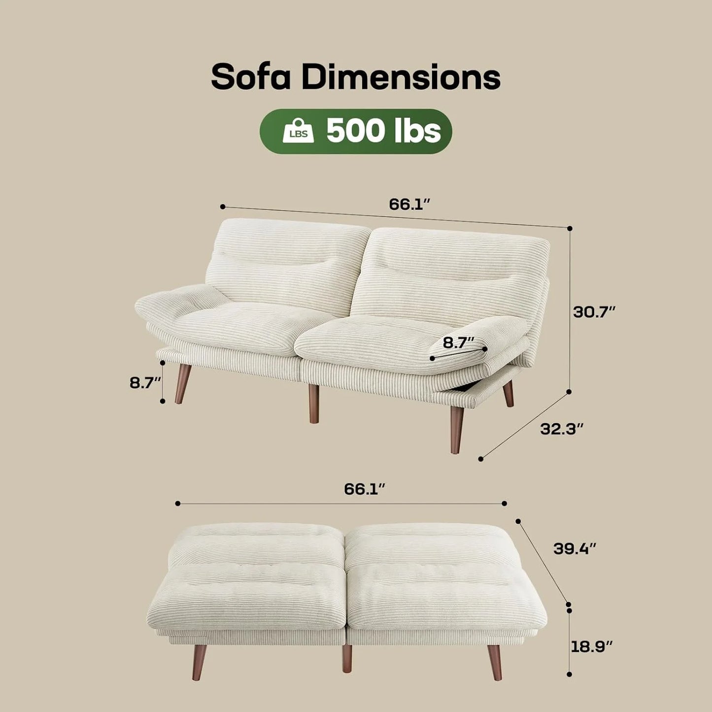 Futon Sofa Bed, Futon Sofa with Adjustable Back and Armrests, Converts to Small Sleeper Sofa Bed Corduroy Loveseat Green