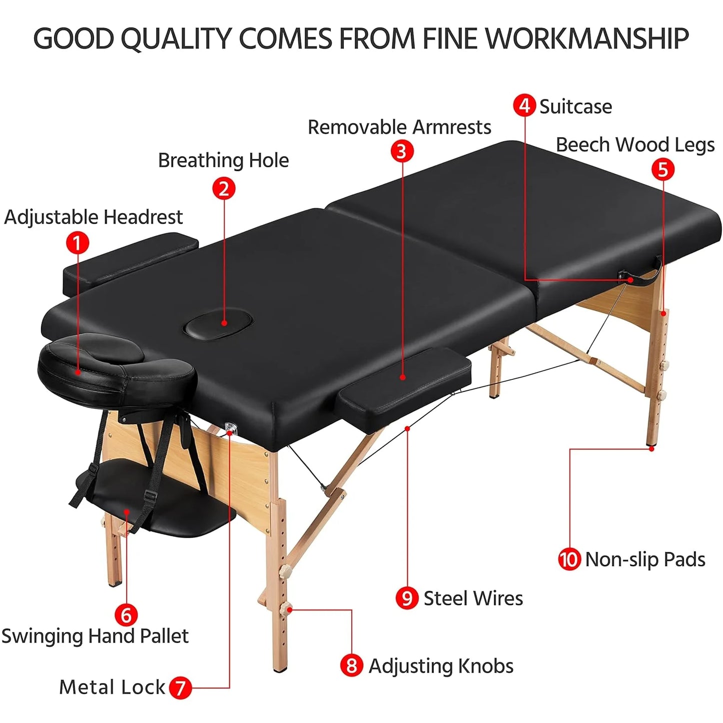 Yaheetech Massage Table Portable Lash Beds Spa Bed Massage Couch Foldable Spa Tables Adjustable 2 Fold with Non-Woven Bag 24 inch, Black