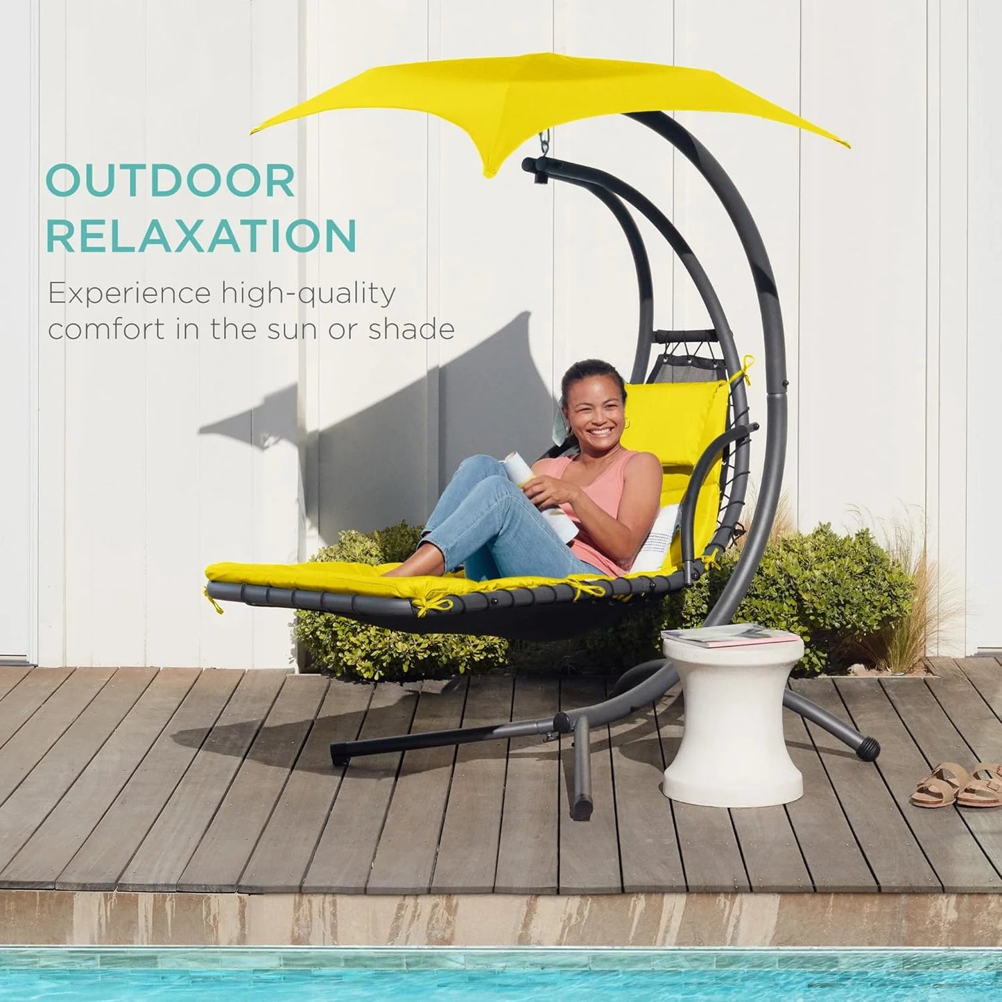 Best Choice Products Outdoor Hanging Curved Steel Chaise Lounge Chair Swing w/Built-in Pillow and Removable Canopy - Teal