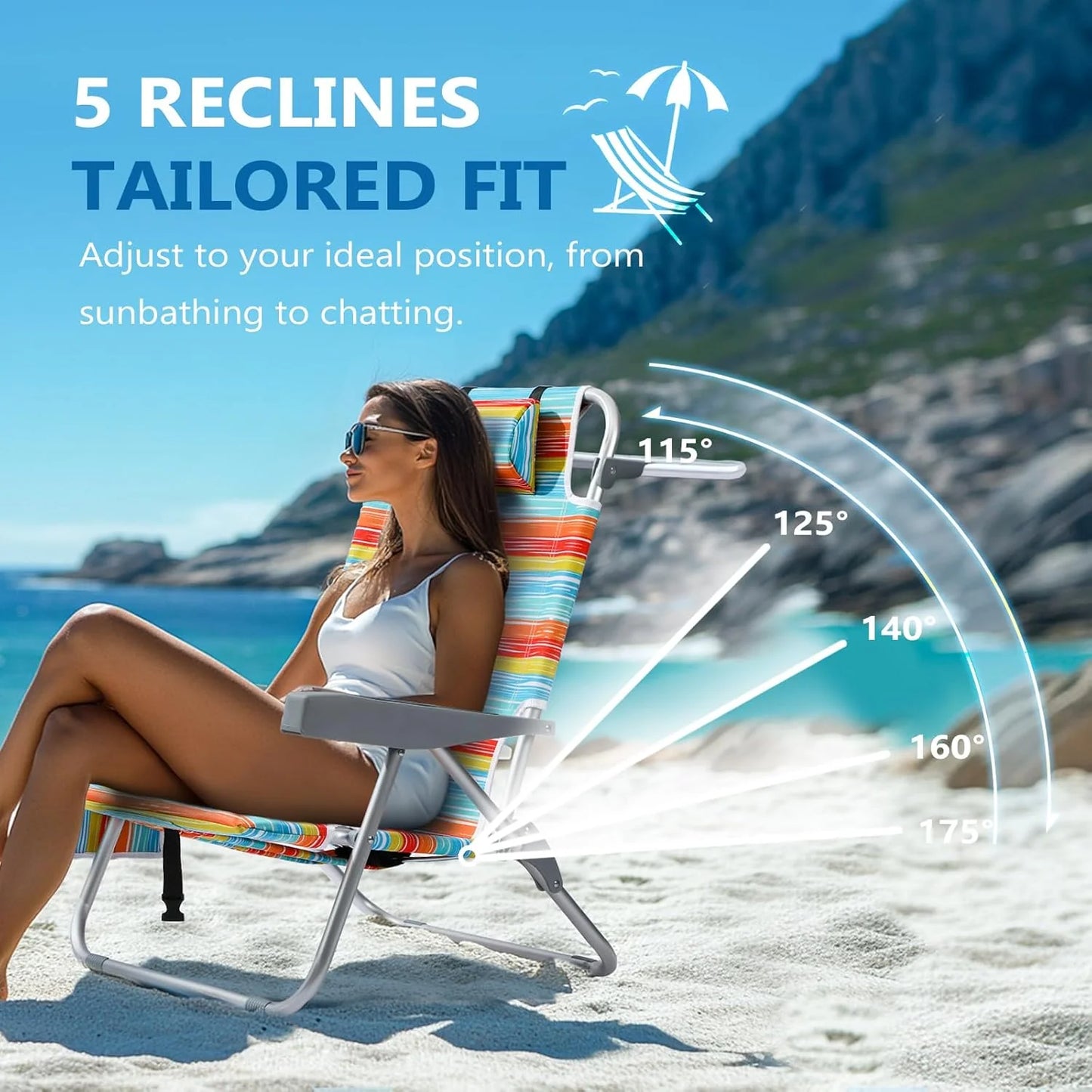 5-Position Aluminum Lay Flat Tall Backpack Beach Chairs 2 Pack Compact Portable Beach Chairs for Adults with Cooler Pouch, Storage Pouch, Towel Bar, Cup Holder & Phone Holder, Blue Stripe