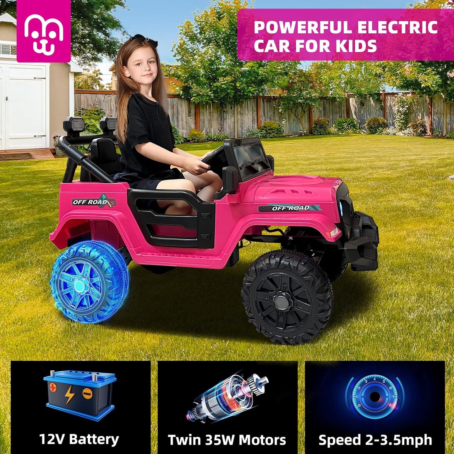 12V Kids Electric Ride on Truck Car Remote Control, Twin 35W Motors 3.5MPH Max Speed, Bluetooth USB Music Player, 4 Wheels Suspension LED Lights Safety Belt, Gift for Boy & Girl-Rosy