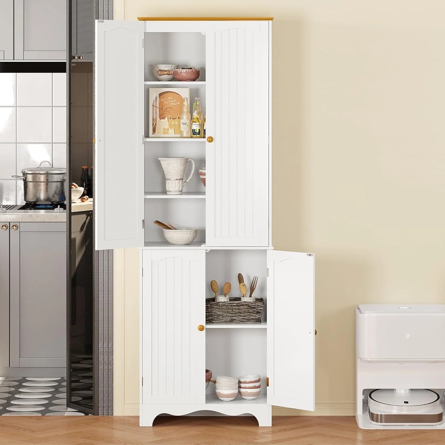 Tall Pantry Cabinet, Freestanding Storage Cabinet, Wooden Kitchen Pantry with 4 Doors and 5 Shelves, 72" Floor Cabinet Organizer