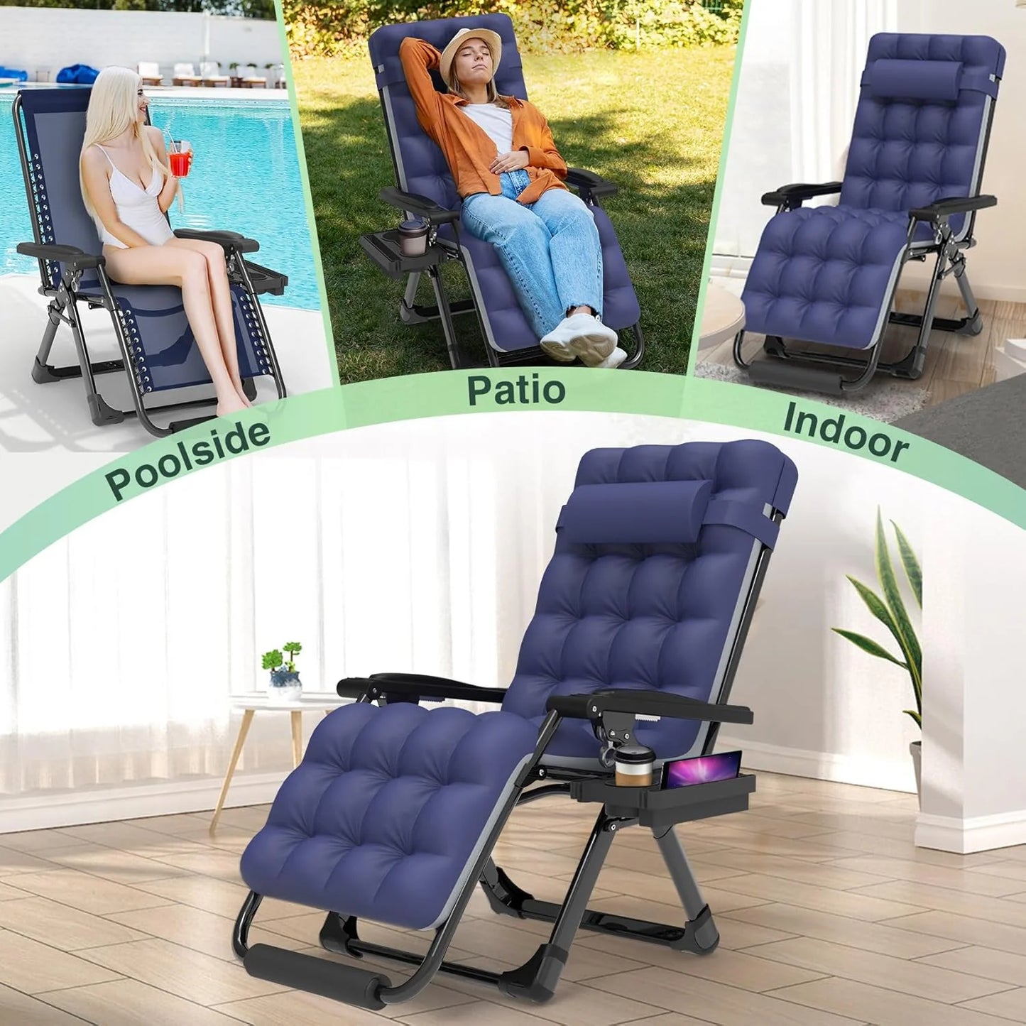 Indoor and outdoor patio chair folding lounge chair zero gravity chair with removable cushion camping lounge chair