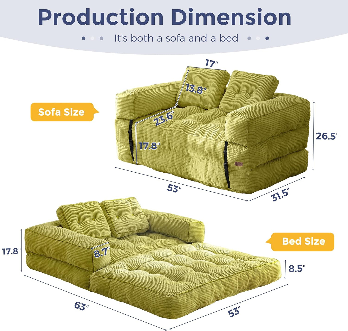 Folding Sofa Bed, L-Shaped Convertible Sofa Bed with Armrests and Pillows,