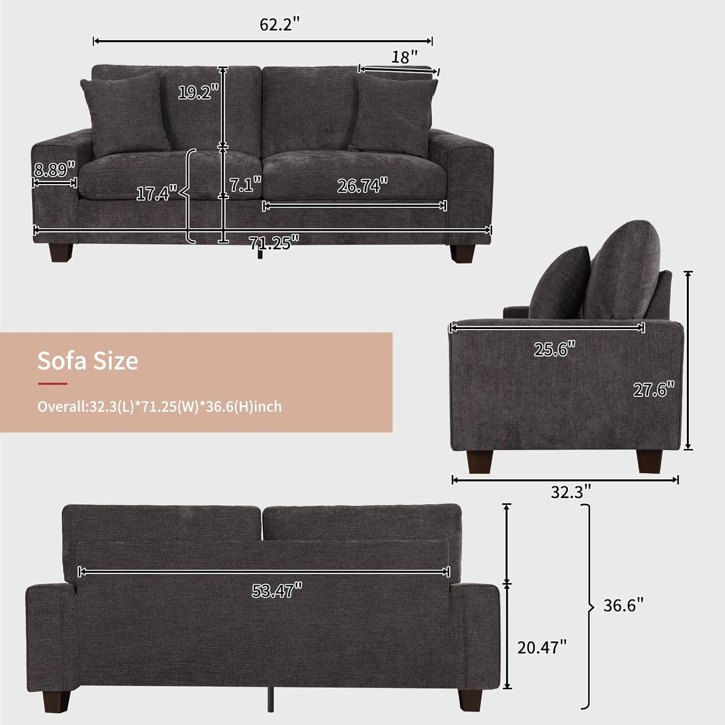 DOPEDIO living room double sofa, chenille lounge chair, removable, solid wood frame