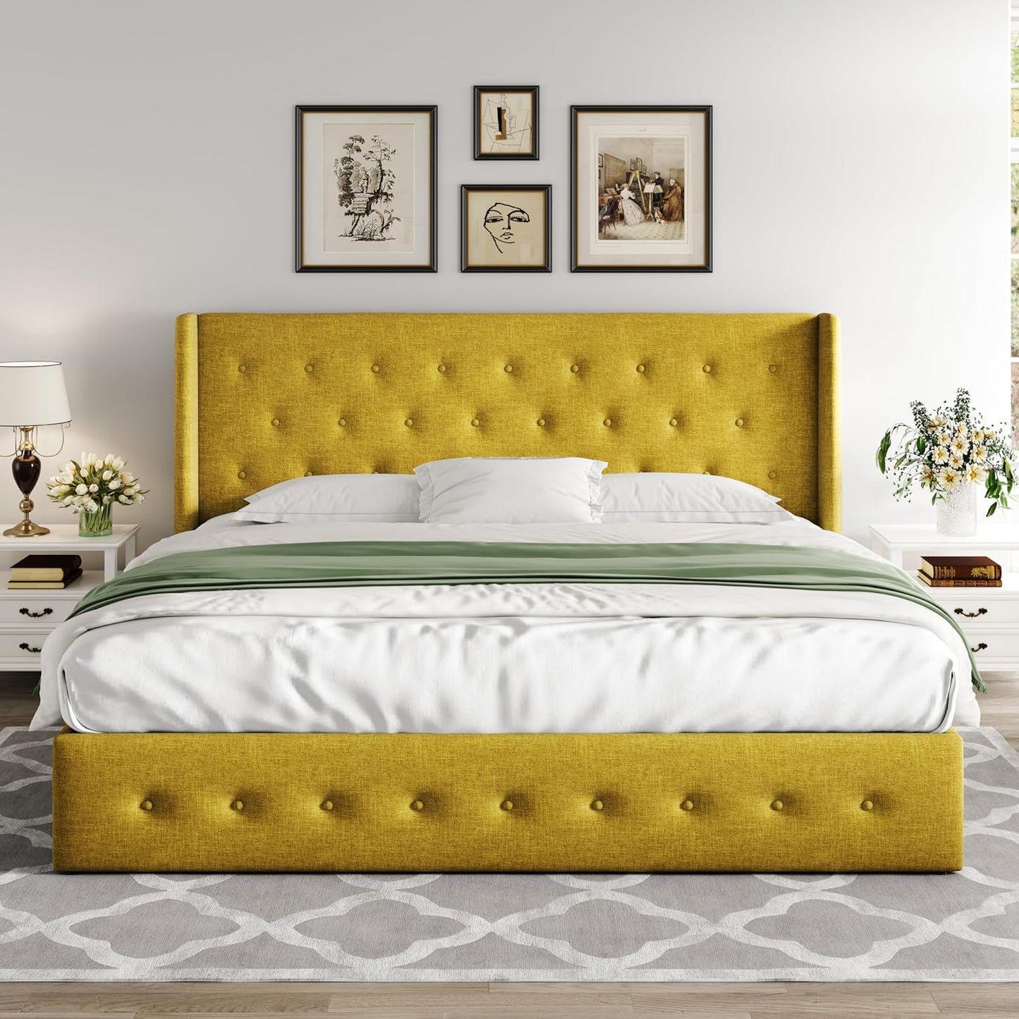 Allewie Queen Size Lift Up Storage Bed, Modern Wingback Headboard, Hydraulic Support, No Box Spring Needed, Light Beige