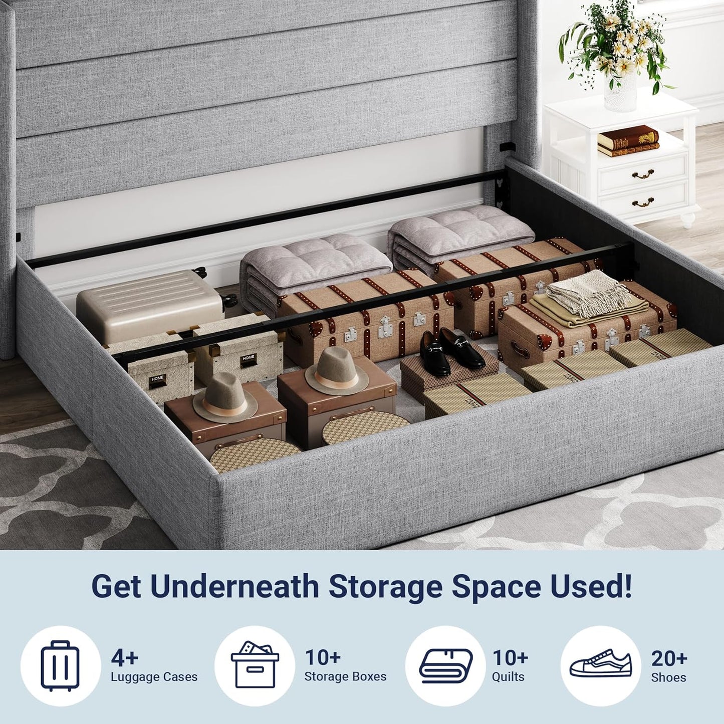 Allewie Queen Size Lift Up Storage Bed, Modern Wingback Headboard, Hydraulic Support, No Box Spring Needed, Light Beige