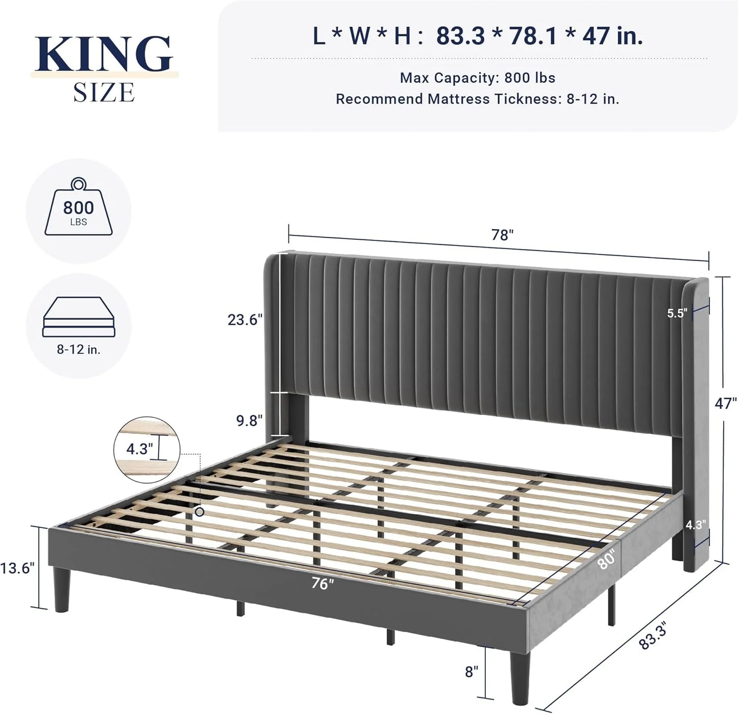 Allewie Full Size Velvet Bed Frame/Vertical Channel Tufted Wingback Headboard/Upholstered Platform Bed/Strong Wooden Slats/No Box Spring Needed/Easy Assembly/White