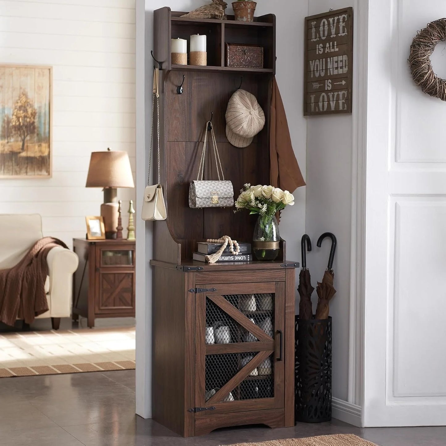 JXQTLINGMU 59-inch Farmhouse Foyer Tree with Shoe Storage, Entryway Bench Foyer Coat Rack Cabinet