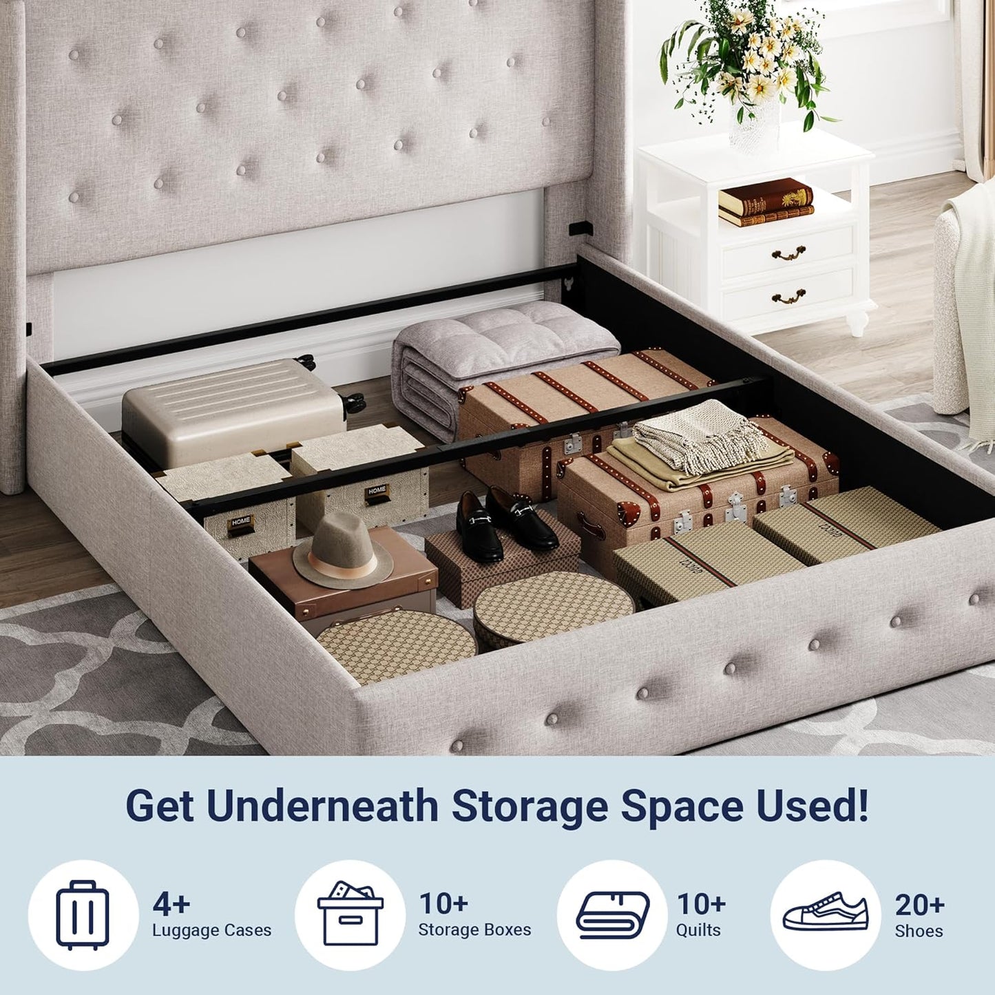 Allewie Queen Size Lift Up Storage Bed, Modern Wingback Headboard, Hydraulic Support, No Box Spring Needed, Light Beige