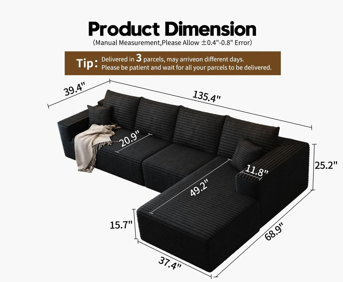 107.5" Cloud Modular Sectional Sofa Couch with L-Shape Chaise,Modern Minimalist Upholstered Couches