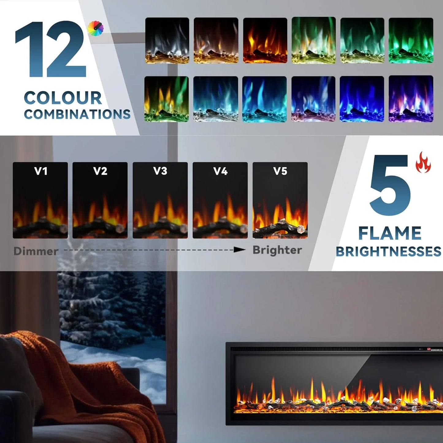 EUHOMY 50 Inch Electric Fireplace Wall Recessed and Wall Mounted with Adjustable Flame Color, Fireplace Heater with Remote Control, Linear Fireplace with Timer, Touch Screen, Log & Crystal, 750/1500W